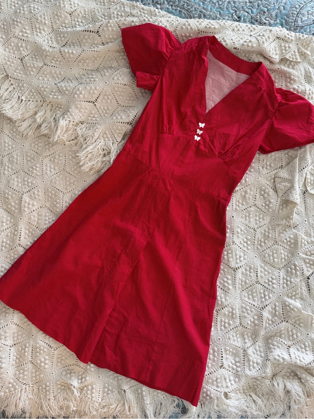 Classic Red V-Neck Mini Dress with Butterfly Button Detail